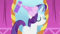 Size: 1280x720 | Tagged: safe, screencap, rarity, pony, unicorn, g4, interseason shorts, rarity's biggest fan, eyes closed, female, hairspray, mare, mirror, solo