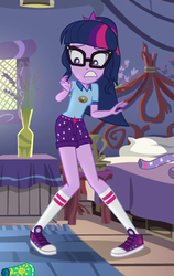 Size: 393x623 | Tagged: safe, screencap, sci-twi, twilight sparkle, equestria girls, g4, my little pony equestria girls: legend of everfree, camp everfree outfits, clothes, converse, cropped, female, glasses, legs, ponytail, shoes, shorts, sneakers, socks