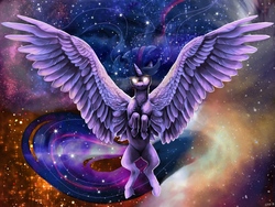 Size: 2000x1500 | Tagged: safe, artist:chasingthesilverstag, twilight sparkle, alicorn, pony, g4, ethereal mane, female, floating, galaxy mane, glowing eyes, large wings, long mane, mare, solo, space, starry mane, stars, twilight sparkle (alicorn), ultimate twilight, wings