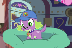 Size: 354x238 | Tagged: safe, screencap, spike, spike the regular dog, dog, equestria girls, g4, my little pony equestria girls: legend of everfree, camp everfree logo, cap, cropped, hat, male, tail