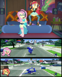 Size: 640x795 | Tagged: safe, edit, edited screencap, screencap, fluttershy, sunset shimmer, equestria girls, g4, game stream, my little pony equestria girls: better together, angry, converse, frustrated, pepsi, pepsiman, playstation, shimmercode, shoes, sneakers, soda, sunset shimmer frustrated at game, versus
