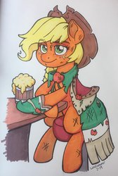 Size: 1604x2389 | Tagged: safe, artist:latecustomer, applejack, earth pony, pony, g4, cider, clothes, commission, cowboy hat, dress, female, freckles, gala dress, hat, mare, marker drawing, scuff mark, simple background, sitting, solo, stetson, stool, table, tankard, traditional art, white background