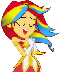 Size: 1197x1440 | Tagged: safe, artist:kimberlythehedgie, sunset shimmer, equestria girls, g4, armlet, bare shoulders, clothes, eyes closed, female, gloves, jewelry, league of legends, rainbow power, rainbow power-ified, simple background, sleeveless, solo, soraka, star guardian, strapless, transparent background, vector