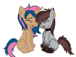 Size: 1280x960 | Tagged: safe, artist:showtimeandcoal, oc, oc only, oc:crystal smile, oc:sadistic smile, earth pony, pony, unicorn, bond, collar, colt, commission, couple, cute, duo, ear piercing, earring, female, filly, jewelry, love, male, mare, piercing, ponysona, simple background, stallion, transparent background, ych result