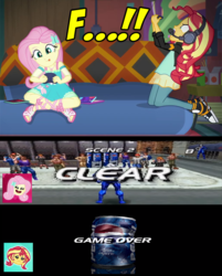 Size: 640x795 | Tagged: safe, edit, edited screencap, screencap, fluttershy, sunset shimmer, equestria girls, g4, game stream, my little pony equestria girls: better together, angry, converse, meme, pepsi, pepsiman, playstation, shoes, sneakers, soda, sunset shimmer frustrated at game, versus