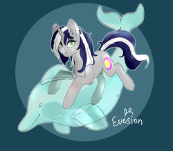 Size: 4272x3744 | Tagged: safe, artist:evesion, oc, oc only, oc:starlit nightcast, pony, unicorn, ear piercing, female, inflatable, inflatable dolphin, inflatable toy, mare, piercing, pool toy, signature, simple background, solo, ych result