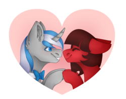 Size: 1158x915 | Tagged: safe, artist:figa, oc, oc:cinnamon pop, oc:sekr gray, pegasus, pony, unicorn, bowtie, couple, female, heart, hearts and hooves day, holiday, male, sekramon, shipping, simple background, straight, transparent background, valentine, valentine's day, ych result