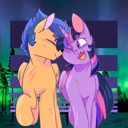 Size: 2000x2000 | Tagged: safe, artist:glitterstar2000, flash sentry, twilight sparkle, alicorn, pegasus, pony, g4, eyes closed, female, high res, male, mare, one eye closed, open mouth, scar, ship:flashlight, shipping, smiling, stallion, straight, tree, twilight sparkle (alicorn)