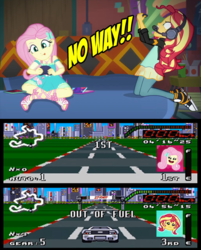 Size: 640x795 | Tagged: safe, edit, screencap, fluttershy, sunset shimmer, equestria girls, g4, game stream, my little pony equestria girls: better together, angry, car, converse, meme, racing, shoes, sneakers, sunset shimmer frustrated at game, super nintendo, top gear, versus