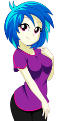 Size: 773x1600 | Tagged: safe, artist:rosemile mulberry, dj pon-3, vinyl scratch, equestria girls, g4, breasts, clothes, cute, female, pants, shirt, simple background, smiling, solo, vinylbetes, white background