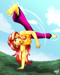 Size: 3600x4500 | Tagged: safe, artist:danmakuman, sunset shimmer, human, equestria girls, g4, absurd resolution, armpits, barefoot, capoeira, clothes, cloud, commission, cutie mark on clothes, feet, female, grass, humanized, martial arts, open mouth, pants, sky, solo, tank top, training