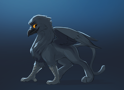 Size: 2000x1455 | Tagged: safe, artist:vistamage, oc, oc only, oc:amber shadow, griffon, blue background, cheek fluff, chest fluff, fluffy, gradient background, griffon oc, leg fluff, lidded eyes, looking at you, male, profile, simple background, smiling, smirk, solo, spread wings, wings, yellow sclera