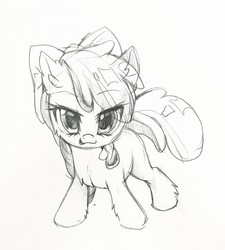 Size: 1152x1280 | Tagged: safe, artist:swaybat, apple bloom, earth pony, pony, g4, adorabloom, bow, chest fluff, cute, ear fluff, eye clipping through hair, eyebrows, eyebrows visible through hair, female, filly, hair bow, leg fluff, looking at you, pencil drawing, simple background, solo, traditional art, white background