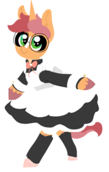 Size: 940x1480 | Tagged: safe, artist:nootaz, oc, oc:game guard, pony, unicorn, bow, clothes, crossdressing, cute, dress, garter belt, garters, glasses, looking at you, maid, smiling, stockings, thigh highs