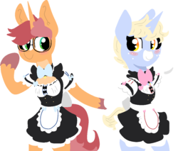 Size: 1032x879 | Tagged: safe, artist:nootaz, oc, oc:game guard, oc:nootaz, pony, unicorn, apron, bow, clothes, crossdressing, dress, female, glasses, holding hooves, looking at each other, maid, male, mare, ship:gametaz, smiling, stallion