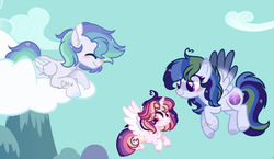 Size: 1024x592 | Tagged: dead source, safe, artist:moon-rose-rosie, oc, oc only, oc:astral breeze, oc:celestial moon, oc:sparkle dash, alicorn, pegasus, pony, cloud, female, filly, flying, magical lesbian spawn, male, mare, offspring, parent:rainbow dash, parent:twilight sparkle, parents:twidash, sisters, stallion