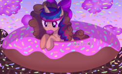 Size: 2037x1239 | Tagged: safe, artist:darkjillmlp123, oc, oc only, oc:sweet hearts, pony, unicorn, base used, bow, donut, female, food, hair bow, mare, mouth hold, solo