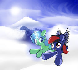 Size: 1280x1152 | Tagged: dead source, safe, artist:php142, oc, oc:mistic spirit, pegasus, pony, unicorn, cloud, cloudy, colored, cute, cybernetic wing, cybernetic wings, dating, flying, levitation, magic, mountain, prosthetic wing, robotic wing, romance, romantic, shipping, sky, telekinesis