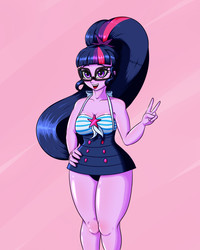 Size: 2000x2500 | Tagged: safe, artist:albertbm, sci-twi, twilight sparkle, equestria girls, equestria girls specials, g4, my little pony equestria girls: better together, my little pony equestria girls: forgotten friendship, clothes, female, glasses, hand on hip, high res, open mouth, purple background, simple background, solo, swimsuit