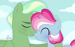 Size: 3216x2028 | Tagged: safe, artist:polymercorgi, oc, oc:gambol spectrum, pegasus, pony, boop, cloud, cute, eyes closed, female, high res, hug, magical lesbian spawn, male, mare, nose wrinkle, noseboop, nuzzling, oc x oc, ocbetes, offspring, offspring shipping, parent:pinkie pie, parent:rainbow dash, parent:sky stinger, parent:vapor trail, parents:pinkiedash, parents:vaporsky, shipping, sky, smiling, stallion, straight