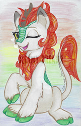 Size: 1285x2000 | Tagged: safe, artist:gleamydreams, autumn blaze, kirin, g4, sounds of silence, female, looking at you, one eye closed, pencil drawing, sitting, solo, traditional art, watermark, wink