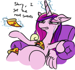 Size: 608x566 | Tagged: safe, artist:jargon scott, princess cadance, alicorn, pony, g4, armchair, armpits, chair, female, food, glowing horn, horn, implied shining armor, levitation, magic, mare, meat, meat sweats, peetzer, pepperoni, pepperoni pizza, pizza, ponies eating meat, simple background, sitting, solo, sweat, telekinesis, that pony sure does love pizza, white background