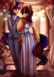 Size: 1748x2480 | Tagged: safe, artist:iblisart, oc, oc only, oc:electric spark, oc:sweet voltage, unicorn, anthro, plantigrade anthro, clothes, commission, dress, female, flower, formal, formal dress, gemini ties, gray eyes, hoof hands, male, marriage, oc x oc, pants, ranchtown, rose, siblings, suit, tuxedo, voltspark, wedding, wedding dress