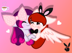 Size: 420x307 | Tagged: safe, artist:darbypop1, oc, oc only, oc:elaine, oc:scarlet, pegasus, pony, bow, chibi, female, hair bow, mare