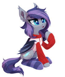 Size: 3342x3960 | Tagged: safe, artist:taneysha, oc, oc only, oc:andromeda galaktika, bat pony, pony, bat pony oc, clothes, commission, curious, female, high res, hoodie, mare, open mouth, simple background, sitting, socks, solo, striped socks, white background