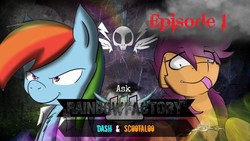 Size: 1280x720 | Tagged: safe, artist:conmanwolf, edit, rainbow dash, scootaloo, pegasus, pony, ask rainbow factory dash and scootaloo, fanfic:rainbow factory, g4, chains, evil, factory scootaloo, female, pegasus device, rainbow factory dash, tongue out
