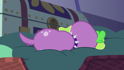 Size: 1280x720 | Tagged: safe, screencap, spike, spike the regular dog, dog, equestria girls, g4, my little pony equestria girls: legend of everfree, collar, male, sleeping, solo, spike's dog collar, tail