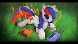 Size: 3160x1778 | Tagged: safe, artist:hitbass, oc, oc only, oc:marussia, earth pony, pony, cute, female, grass, lying down, mare, nation ponies, paint, paintbrush, ponified, prone, russia, solo