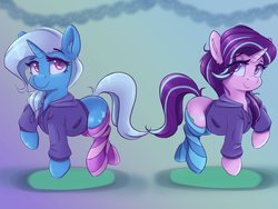 Size: 4096x3072 | Tagged: safe, artist:ardail, starlight glimmer, trixie, pony, unicorn, clothes, clothes swap, cute, duo, female, hoodie, looking at you, mare, messy mane, smiling, socks, striped socks