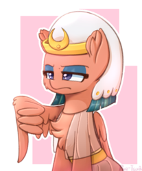 Size: 940x1136 | Tagged: safe, artist:puetsua, somnambula, pegasus, pony, g4, abstract background, cheek fluff, chest fluff, cute, ear fluff, eyeshadow, female, flexible, fluffy, frown, glare, headdress, lidded eyes, makeup, mare, reaction image, solo, thumbs down, unamused, wing fluff, wing hands