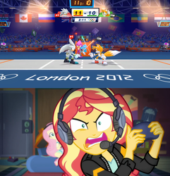 Size: 1920x1995 | Tagged: safe, edit, editor:sonic ranger, fluttershy, sunset shimmer, equestria girls, g4, game stream, my little pony equestria girls: better together, angry, espio the chameleon, fencing, london 2012, mario and sonic at the olympic games, miles "tails" prower, silver the hedgehog, sonic the hedgehog (series), sunset shimmer frustrated at game, sunset the angry gamer