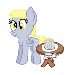 Size: 1600x1600 | Tagged: safe, artist:nightshadowmlp, derpy hooves, pegasus, pony, g4, derpy day, derpy day 2019, female, firealpaca, food, mare, muffin, plate, sign, simple background, table, text, white background
