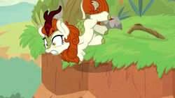 Size: 1280x720 | Tagged: safe, screencap, autumn blaze, kirin, g4, sounds of silence, cliff, falling, female, shrunken pupils, solo, this will end in pain, tripping