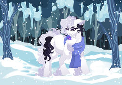 Size: 1024x717 | Tagged: safe, artist:azure-art-wave, oc, oc only, oc:rose, earth pony, pony, clothes, female, forest, mare, scarf, snow, snowfall, solo, tree