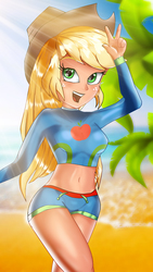 Size: 1836x3264 | Tagged: safe, artist:twiley-sparkle, applejack, equestria girls, equestria girls series, forgotten friendship, g4, belly button, female, human coloration, midriff, peace sign, solo, watermark