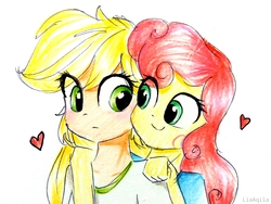 Size: 2136x1602 | Tagged: safe, artist:liaaqila, applejack, strawberry sunrise, equestria girls, g4, blushing, clothes, cute, duo, equestria girls-ified, female, heart, hug, jackabetes, lesbian, looking at each other, ship:applerise, shipping, shirt, signature, smiling, strawwberry sunrise, t-shirt, traditional art