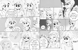 Size: 3213x2047 | Tagged: safe, artist:liaaqila, applejack, cheerilee, fluttershy, lightning dust, rainbow dash, rarity, sunset shimmer, human, comic:the rainbooms, g4, :i, class, classroom, clothes, comic, cross-popping veins, eating, high res, humanized, japanese reading order, monochrome, recess, school, shoes, traditional art