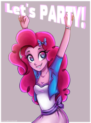 Size: 1018x1383 | Tagged: safe, artist:crazyrainbow0, pinkie pie, human, equestria girls, g4, breasts, cleavage, clothes, cute, diapinkes, female, skirt, smiling, solo, text