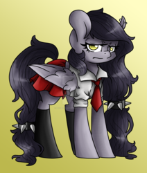 Size: 1024x1208 | Tagged: safe, artist:sk-ree, oc, oc only, oc:errys, pegasus, pony, clothes, deviantart watermark, female, mare, obtrusive watermark, schoolgirl, simple background, solo, unamused, watermark, yellow background