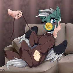 Size: 3000x3000 | Tagged: safe, artist:serodart, oc, oc only, oc:duk, duck pony, pegasus, pony, blushing, collar, commission, couch, disembodied hand, female, hand, heart eyes, high res, leash, looking at you, one eye closed, pillow, solo, wingding eyes, ych result