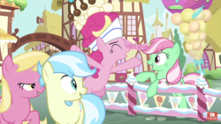 Size: 1334x750 | Tagged: safe, screencap, cultivar, lily, lily valley, minty (g4), pinkie pie, earth pony, pony, g4, interseason shorts, sundae sundae sundae, female, fence, g3 to g4, generation leap, hat, mare, official recolor, recolor, youtube, youtube link
