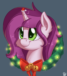 Size: 3000x3375 | Tagged: safe, artist:pirill, oc, oc only, oc:lilac prose, pony, unicorn, bells, bow, bust, christmas, christmas lights, female, hat, high res, holiday, portrait, santa hat, simple background, smiling, solo, wreath