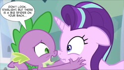 Size: 960x540 | Tagged: safe, edit, edited screencap, screencap, spike, starlight glimmer, g4, the crystalling, dialogue, fear, out of context, scrunchy face, speech bubble, this will not end well