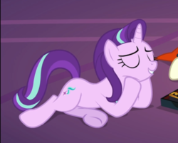 Size: 689x554 | Tagged: safe, screencap, starlight glimmer, pony, unicorn, g4, uncommon bond, cropped, eyes closed, female, hooves on cheeks, lying down, mare, smiling