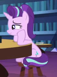 Size: 623x839 | Tagged: safe, screencap, starlight glimmer, pony, unicorn, g4, uncommon bond, cropped, female, hooves on face, mare, raised hoof, sad, sad eyes, sitting, solo, stool, table