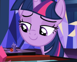 Size: 1125x902 | Tagged: safe, screencap, twilight sparkle, alicorn, pony, g4, uncommon bond, board game, cropped, dragon pit, female, lidded eyes, looking at something, smiling, solo, twilight sparkle (alicorn)